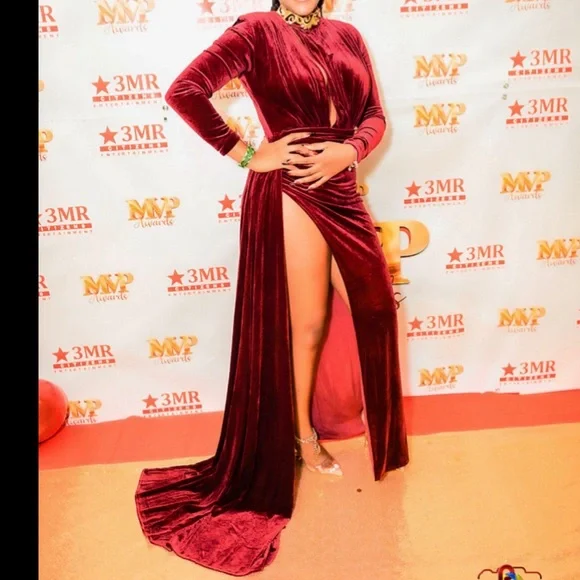 Dresses | Zenaida Burgundy Cutout High Slit Velvet Evening Gown | Poshmark